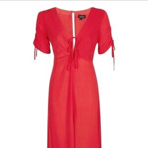Topshop Bright Red Polka Midi Dress with Tie Front